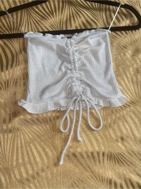 Ribbed Knit Strapless Tube Cropped Top with Ruffle Lettuce Hem Ruching White